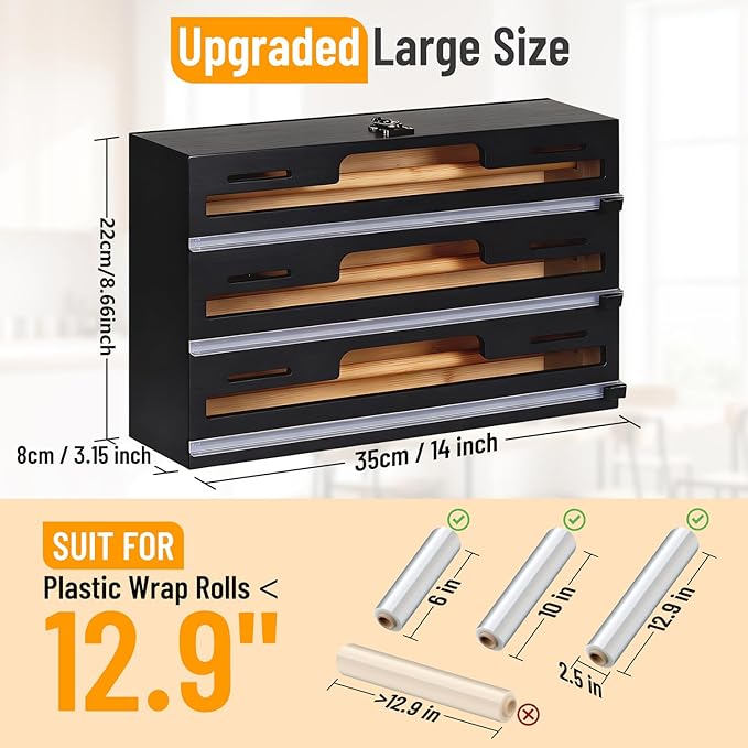 Allinside Magnetic Plastic Wrap Dispenser with Cutter, 3 in 1 Refrigerator Bamboo Wood Organizer for Tin Foil, Baking, Wax Paper Holder Kitchen Storage Box Compatible with 12.9" Roll, Black (3 Layer) - Image 2