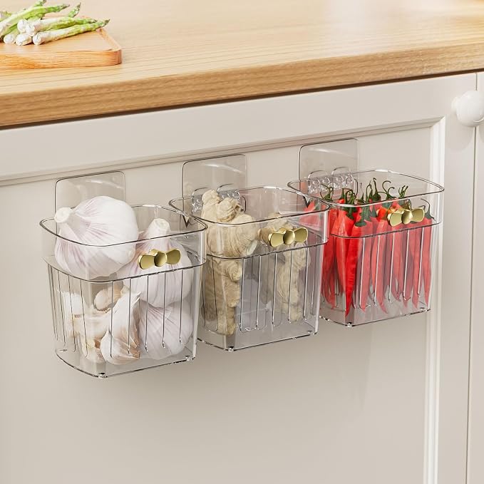 3 Pack Adhesive Cabinet Door Organizer, Kitchen Under Sink Organizer Caddy, Clear Plastic Storage Bins for Pantry Door, Wall Storage Basket, Hanging Makeup Organizer Floating Shelf for Bathroom by Veefos