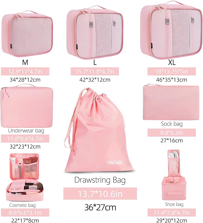 BAGAIL 8 Set Packing Cubes Luggage Packing Organizers for Travel Accessories-Blush Pink - Image 2