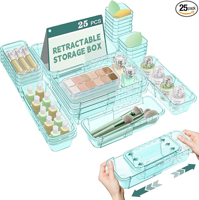 25 Pcs Clear Drawer Organizer, Adjustable Drawer Storage Box, 3-Size Desk Drawer Organizer, Acrylic Storage Bins for Makeup, Kitchen Utensils, Bedroom Dressers Tool Organizer for Gadgets, Blue by Hiitytin