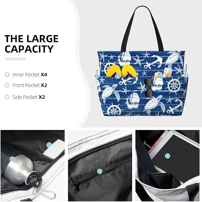 Beach Bag Tote Bags Waterproof Sandproof for Women Large Beach Tote Pool Bag Foldable with Zipper for Travel Weekend - Image 5