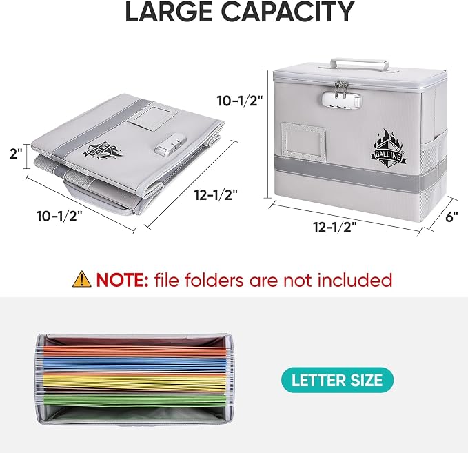 BALEINE Fireproof Document Box with Lock, Portable Fireproof Document Bag Waterproof Fire Proof File Boxes for Documents, File Organizer Box for Important Paperwork (Silver, 12.5''x10.5''x6'') - Image 4