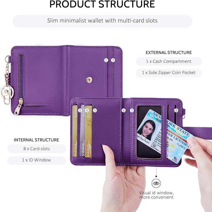 POIUGOYA Slim Wallet for Women,RFID Blocking Bifold Credit Card Holder with Zipper Coin Pocket,ID Window,Keychain - Image 5