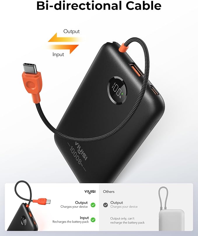 VIYISI Ultra Slim Portable Charger Small 10000mAh with Built-in USB C Cable | PD 20W Compact Power Bank Fast Charging Battery Pack, Travel Essential for iPhone 17 16 15 Samsung S25 A16 Android-Black - Image 4