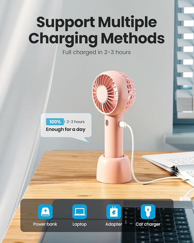 Gaiatop Mini Portable Fan, Small Personal Handheld Fan,Rechargeable | Powerful 3 Speed with Desktop Base, Lightweight, Battery Powered for Travel Lash Makeup Girls Women Gift Pink - Image 6