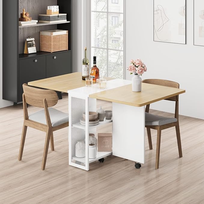 IDEALHOUSE FoldingTable, Drop Leaf Dining Table with 6 Wheels and 2-Layer Storage Shelf, Space Saving Table for Small Spaces (Natural Wood, 50.1" D x 31.4" W x 29.5" H) - Image 3
