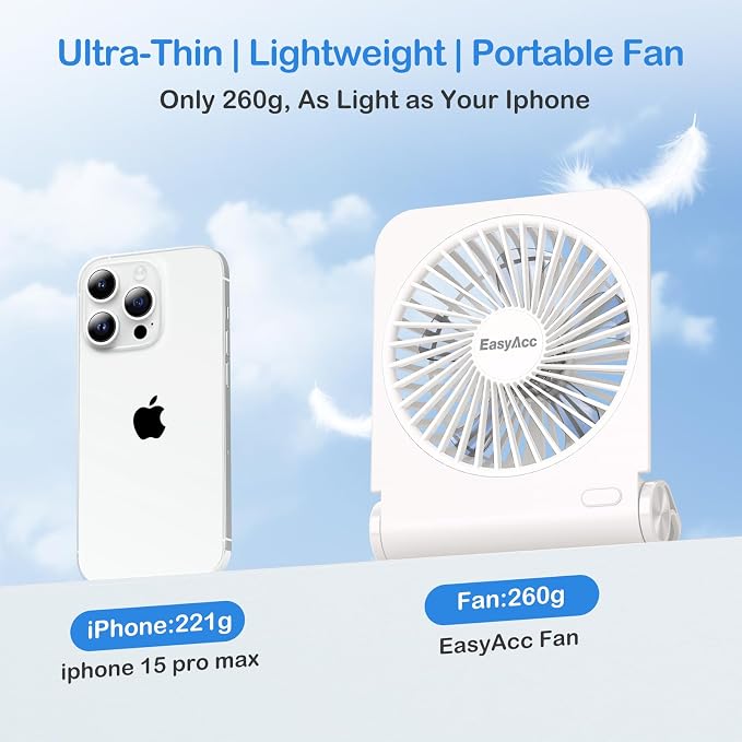 EasyAcc Small Travel Desk Fan with 4000 Capacity, Slim Rechargeable Portable Fan for SlumberPod and Camping, 180° Tilt, Fully Foldable, Office and Travel Essential - Image 3