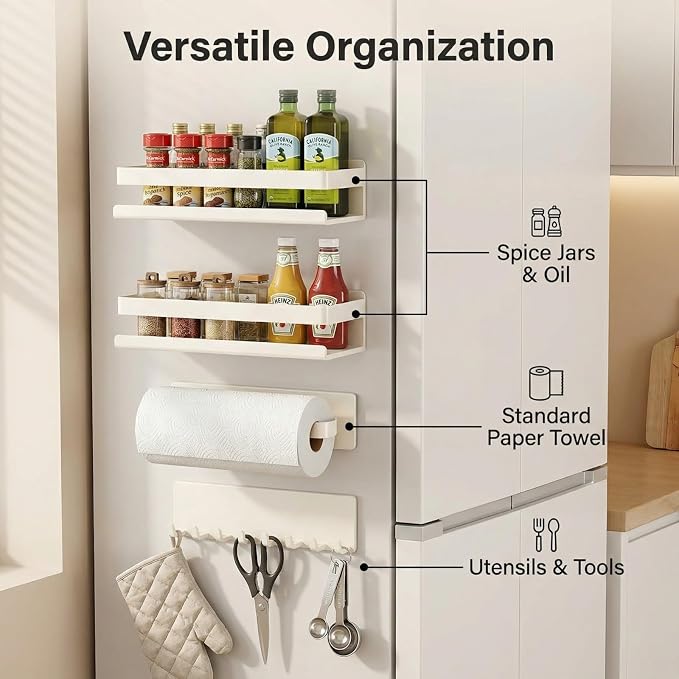 Metal 4 Pack Magnetic Shelf Include Magnetic Spice Rack for Refrigerator,Magnetic Paper Towel Holder,Magnetic Hooks for refrigerator Space-saving design,Small Space Organization (white) - Image 3