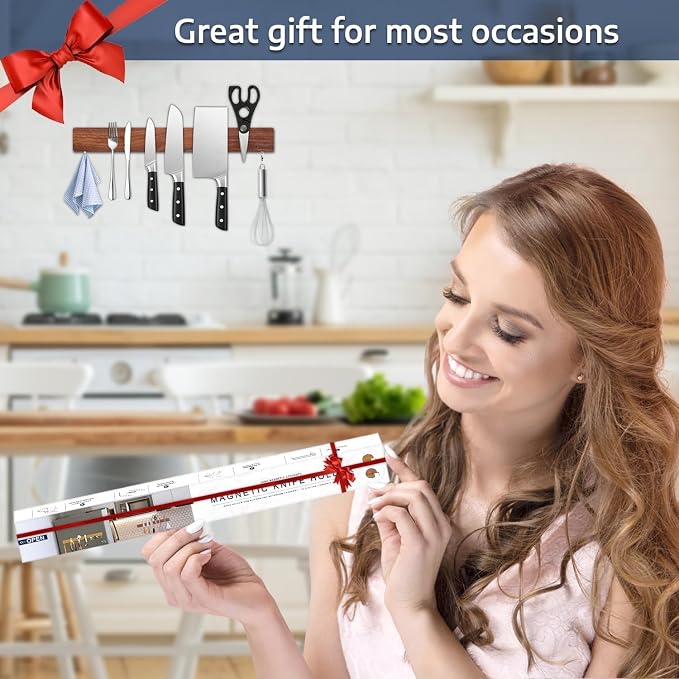 Dmore magnetic knife holder for wall—with 2 hooks, No Drilling 16 Inch walnut knife magnetic strip, Powerful knife magnet rack, include Adhesive Tape and screws for Knives, Utensils, and Tools - Image 6