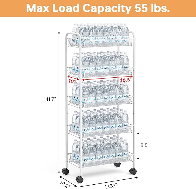 TOOLF 5 Tier Rolling Cart, Metal Utility Storage Cart with Wheels, White | 3 Hooks, Screwless Assembly, Trolley Organizer for Bathroom, Kitchen, Office, Nursery, Dorm, Laundry Room - Image 6