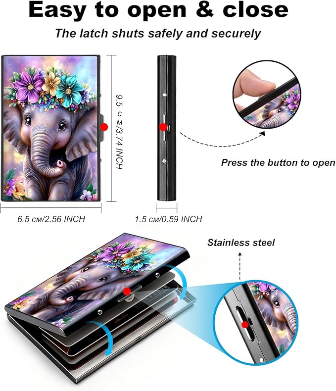 Metal Wallet,Credit Card Holder for Women,Slim RFID Blocking Credit Card Holder Thin Aluminum Wallet ID Case,6 Slot Business Mini Hard Metal Case for Women/Men,Cute Elephant Purple - Image 5