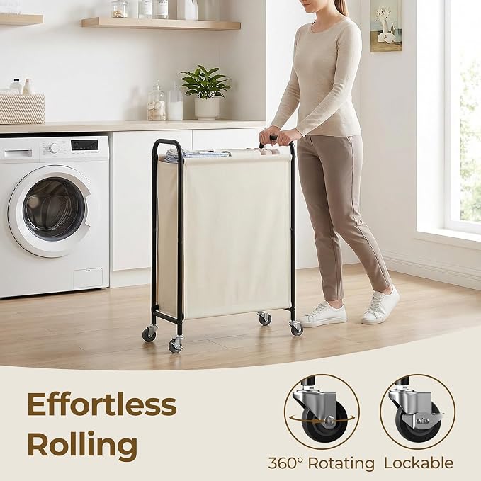 GRANNY SAYS Laundry Hamper, Slim Basket with Wheels and Handles, Beige, 80L | Heavy Duty Metal Frame, Silent Rolling Cart for Clothes in Bedroom, Bathroom, Dorm - Image 5