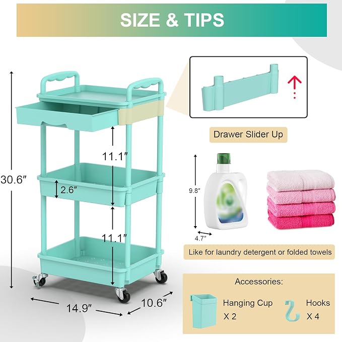 Goovilla 3 Tier Rolling Utility Cart Organizer with Removable Drawer, Blue | Stable and Sturdy Rolling Storage Carts with 2 Lockable Wheels for Bathroom, Kitchen, Snack, Craft, Makeup, Baby Essentials - Image 4