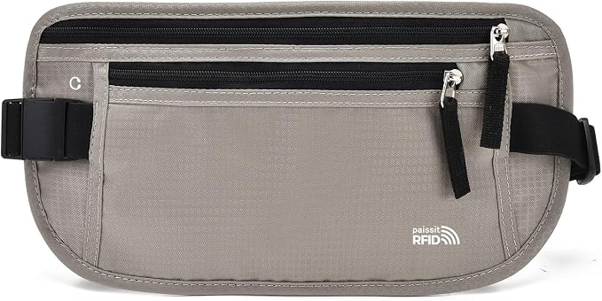 Unisex Money Belt For Men and Women, Slim Passport Holder RFID Blocking Travel Essentials Pouch with Adjustable Strap Small Waist Pouch for Workout Running Travelling Hiking, Light Grey by paissit