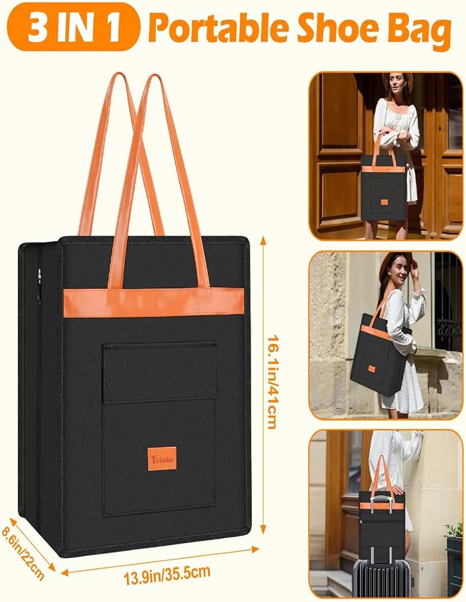 Yotako Shoe Bag for Travel with Leathers Handle Black | Shoe Organizer with Pockets,3 in 1 Hanging Luggage Shoe Storage Bag,Travel Shoe Bag for Women Men Fit 6 PCS Shoes - Image 6