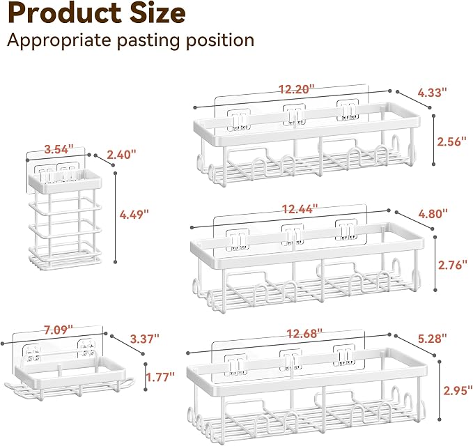 Shower Caddy Adhesive, Rustproof Shower Organizer, Wall Shower Rack | Large Capacity Shower Shelves for Inside Shower, Shampoo Shower Holder, White, 3 Caddies, 1 Soap Dish, 1 Toothbrush Holder - Image 2