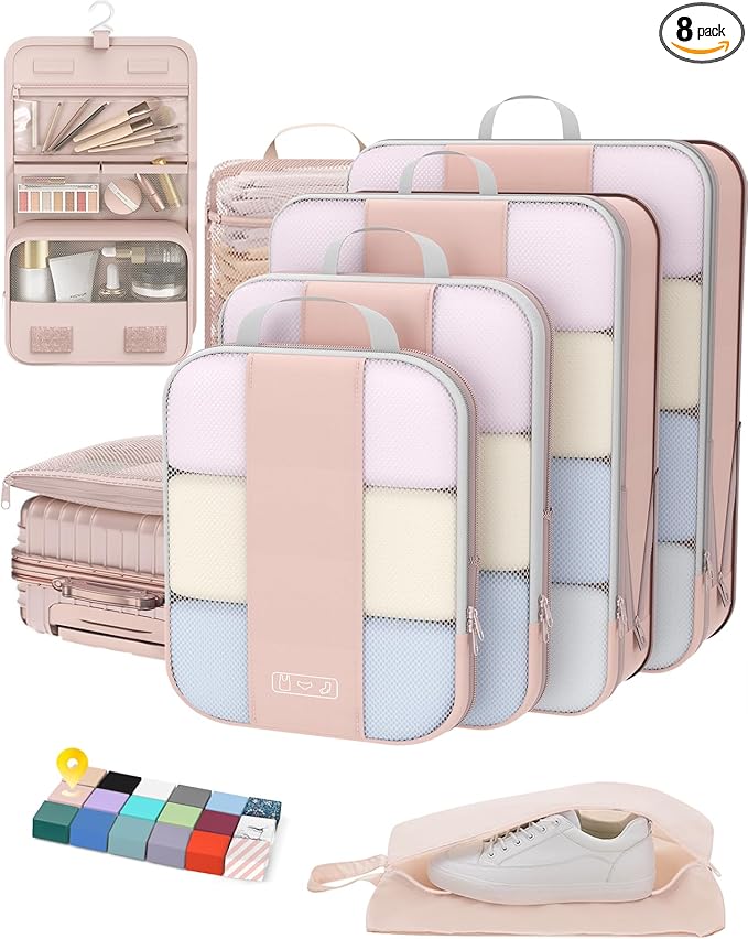 OlarHike 8 Set Compression Packing Cubes for Travel Gifts Mom Women,Airplane/Cruise/Car Travel Essentials,Compressible Expandable Space Saver Bags,Garment Bags with Over 1000 pcs Mesh Holes(Beige) by OlarHike