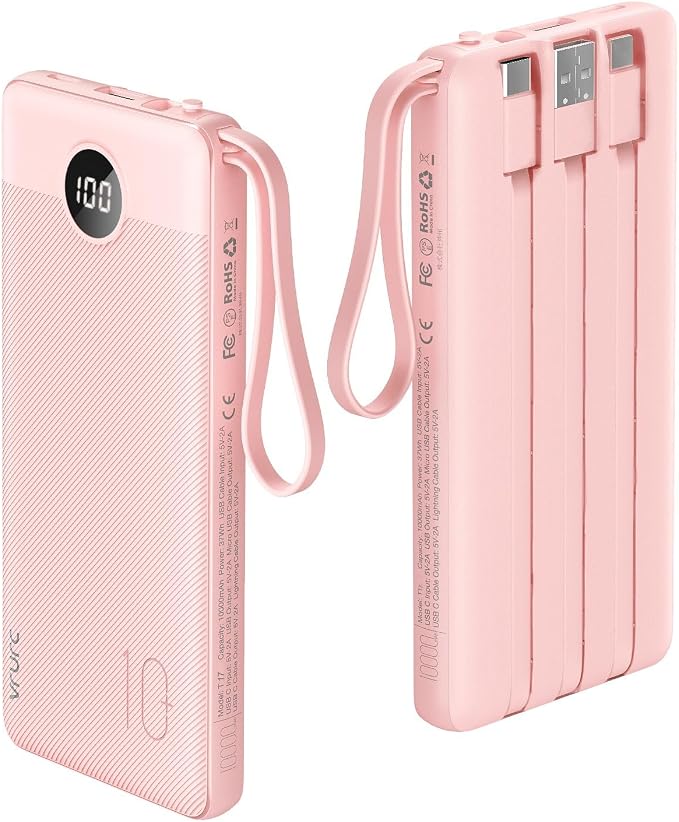 VRURC 22.5W 10000mAh Fast Charging Power Bank Built‑in 4 Cables | Portable Charger Slim,Travel Battery Pack for iPhone, Samsung & Multi Devices, Pocket‑Friendly with Lanyard-Pink(1 Pack) by Home