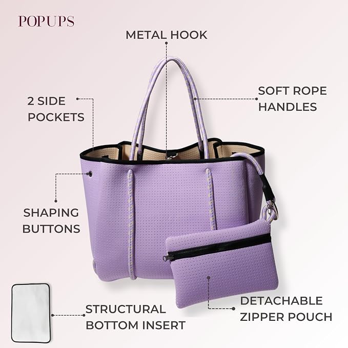 POPUPS Large Neoprene Tote Bag for Women - Everyday Designer Handbag for Travel Work and Beach with Pockets and Zipper Pouch - Image 8