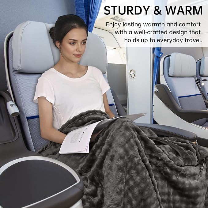 Travel Blanket and Pillow-2-in-1, Ultra-Soft&Compact, One-Piece Airplane Blanket with Hand Luggage Belt and Backpack Clip,Travelers Accessories Gifts, 61x43 Inches (Dark Grey) - Image 6