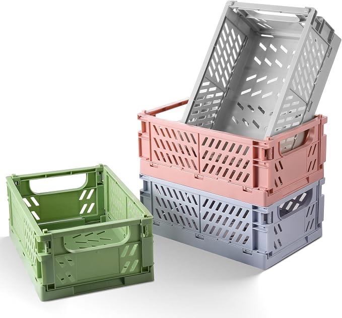 HUUSMOT 4-Pack Small Collapsible Plastic Storage Baskets, 9.8"x6.5"x3.8" | Pastel, Space-Saving, Collapsible Plastic Bins, Cute Mini Storage Crates, for Classroom, Kitchen, Office, Bedroom by HUUSMOT