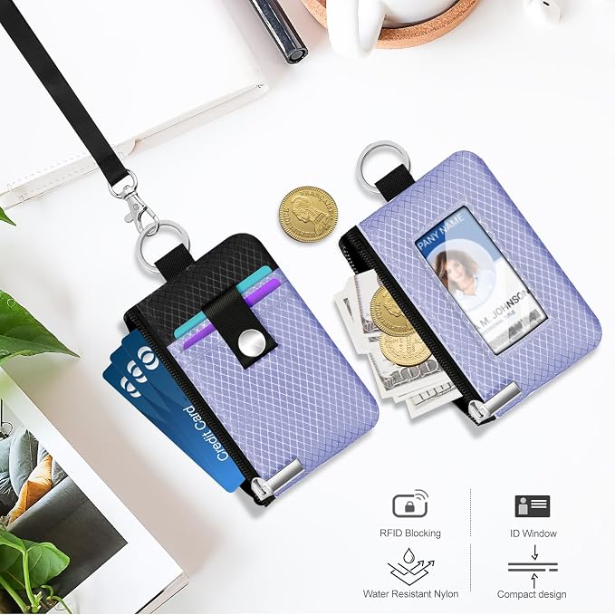 Minimalist RFID Blocking Small Wallet with ID Window,WaterResistant Zip Id Case Wallet with Lanyard Keychain for Cards,Cash,Travel,Women,Men (Lavender Purple/Black) - Image 8