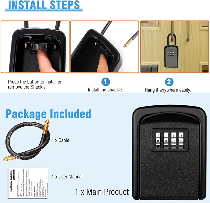 4 Digit Combination Key Lock Box, Portable Key Safe with Removable Cable, Resettable Waterproof Key Storage Box for Outdoor Door Knob Mount, Ideal for Airbnb, Home, Garage, Office & Vacation Rental - Image 6