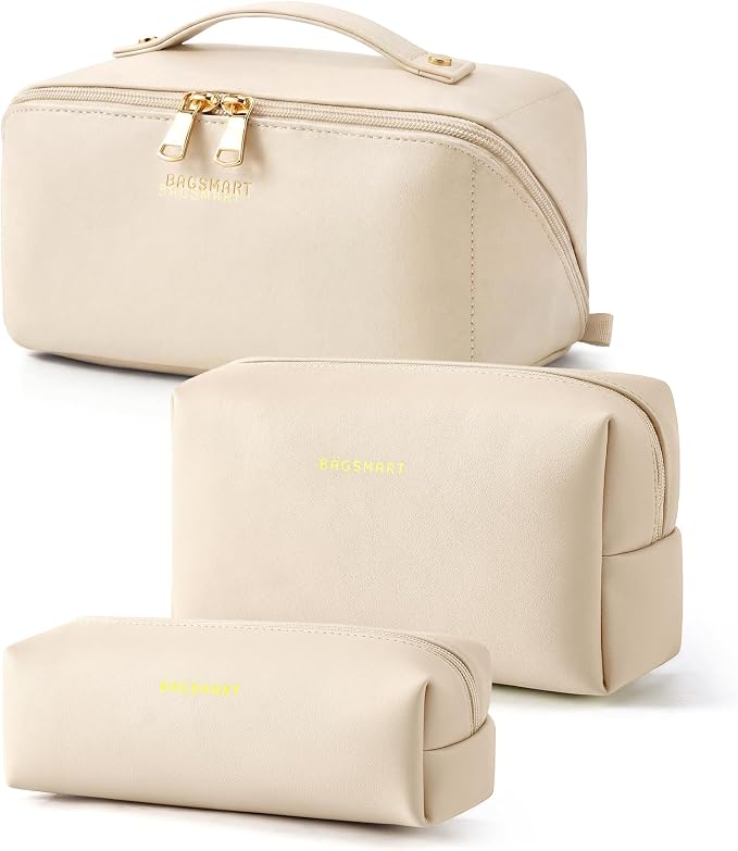 BAGSMART Makeup Bag Travel 3 Pcs Set Cosmetic Bag,Toiletry Bag,Cream Beige | 3 Pcs Set Large Make Up Bag Flat Open for Women, PU Leather Travel Essentials Organizer, Wide-open Pouch for Skincare,Brushes by BAGSMART