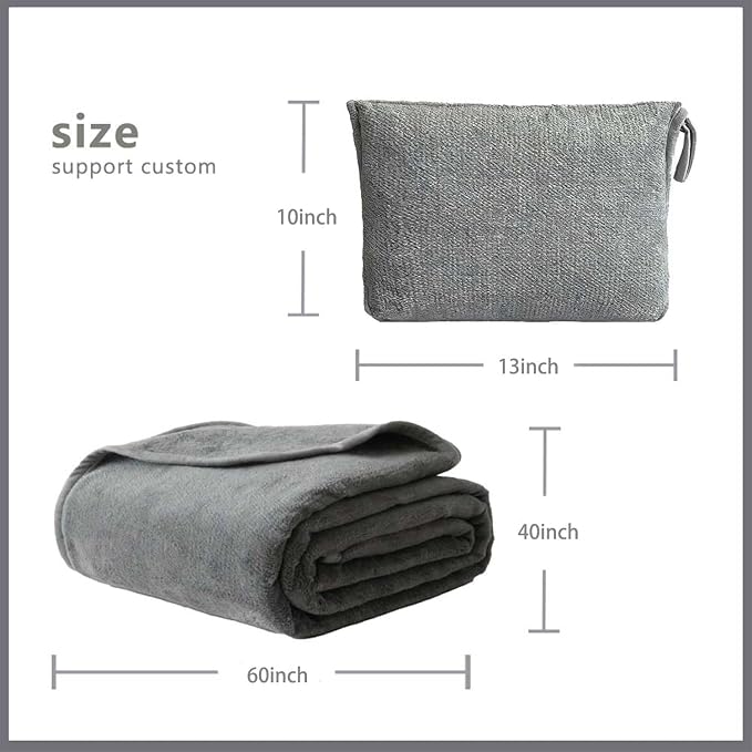Travel Blanket Pillow, Soft Airplane Blanket 2-in-1, Travel Blanket Airplane Compact with Bag, Travel Essentials Accessories for Plane and Car,60x40 Grey - Image 2