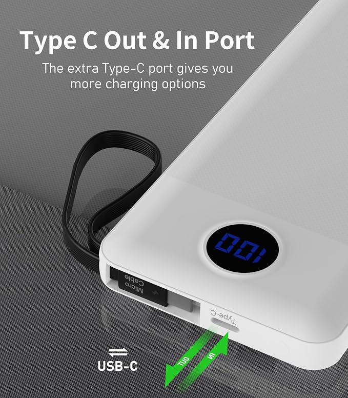 Portable Charger with Built in Cables, Slim 10000mAh Power Bank, USB C Battery Pack Travel, 4 Output 2 Input External Charging Bank for iPhone 17/16/15/14/13,Samsung, Android, etc-White(1 Pack) - Image 7