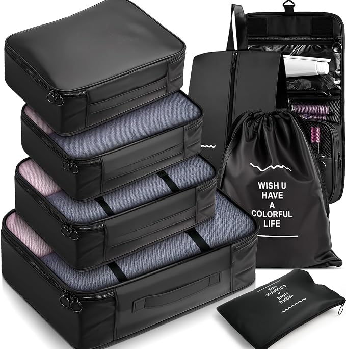 Fosmon 8-Piece Packing Cubes, Black Travel Luggage Organizer Set | Mesh storage bags for clothes/shoes/toiletries, durable, lightweight, ideal for carry-on and vacation, 8-piece set. - Image 2
