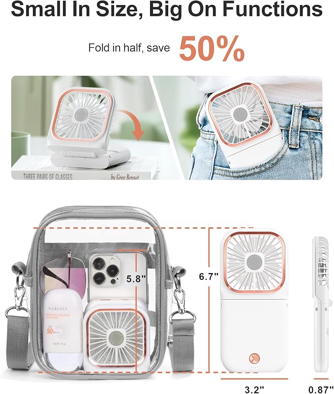 F-color Mini Portable Handheld Fan - Rechargeable Personal Purse Fan, White | Foldable Handle, Rechargeable Airflow Helps Cool Commutes, Beach Days, Desk Time, Outdoor Lines, Travel and Summer Walks - Image 2