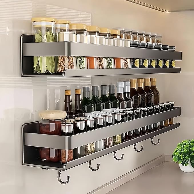 Carbon Steel Wall Mounted Spice Rack, No-Drill Adhesive or Screw-in Option, Rustproof Kitchen Storage Shelf with 5 Plastic Hooks, Dark Gray Organizer for Cabinet, Bathroom, RV - Image 4