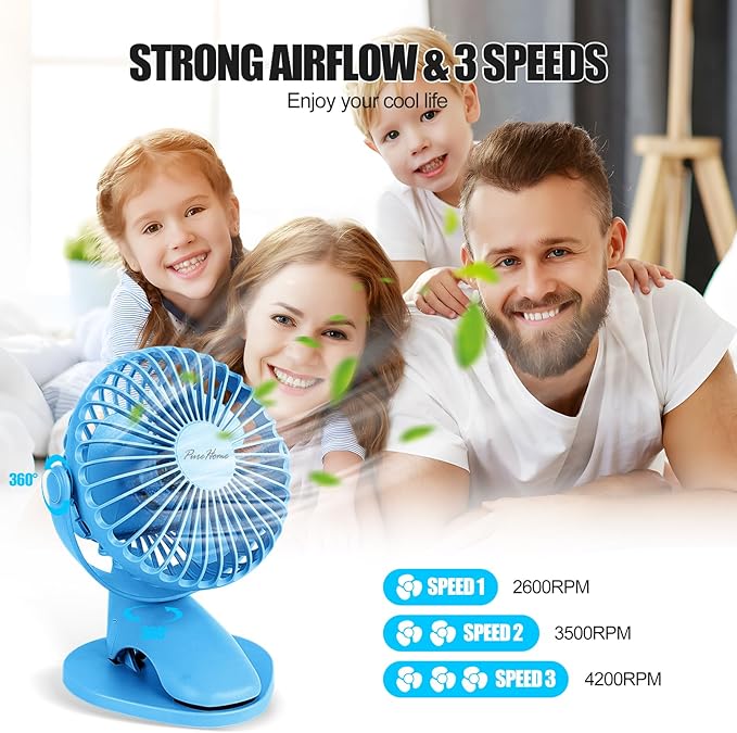 Portable Clip Fan Battery Operated,3 Speeds USB Rechargeable Mini Table Fan with Strong Airflow,360°Rotation Ultra Quiet Personal Desk Fan for Home Office Bedroom Dorm Stroller Camping - Blue - Image 2