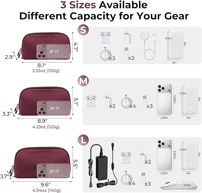 FYY Travel Cable Organizer - 8 Compartments, Lightweight, Water Repellent | With Wrist Strap, Portable Tech Pouch for Cord Charger, Travel and Business Trips Use, Soft Shell Nylon, Wine Red (Small) - Image 3