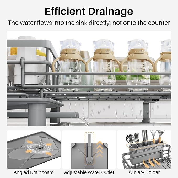 SNTD Expandable Dish Drying Rack for Kitchen Counter, Stainless Steel, Grey | Foldable Over Sink, Large Capacity, Adjust to Fit Most Sinks, Angled Drainboard, Removable Utensil Holder, Slip Resistant - Image 6