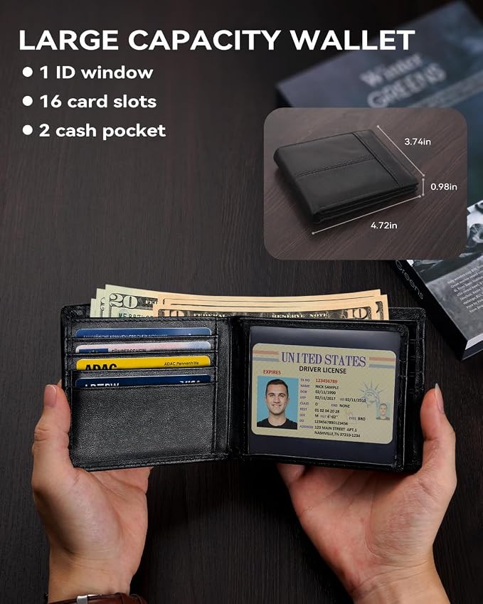 Swallowmall Mens Wallet Rfid Blocking Leather Wallet for Men Bifold Wallets with 1 ID Window 16 Card Slot Black - Image 3