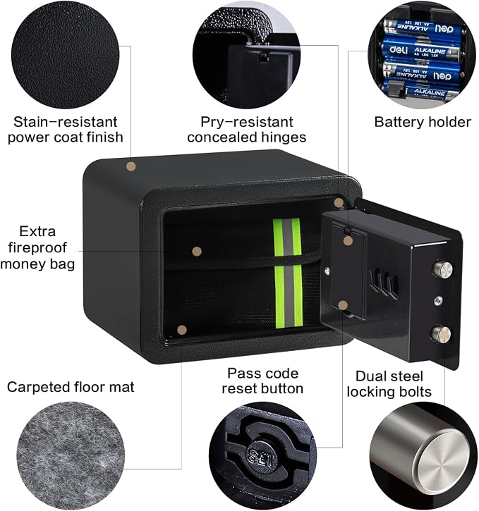 0.23 Cubic Feet Safe Box, Small Safe W/Fireproof Bag, Keys & Pass Code, Digital Electronic Security Money Box for Cash, Document, Home, Office, Hotel Use, Black, 6.69"D x 9.06"W x 6.69"H - Image 5