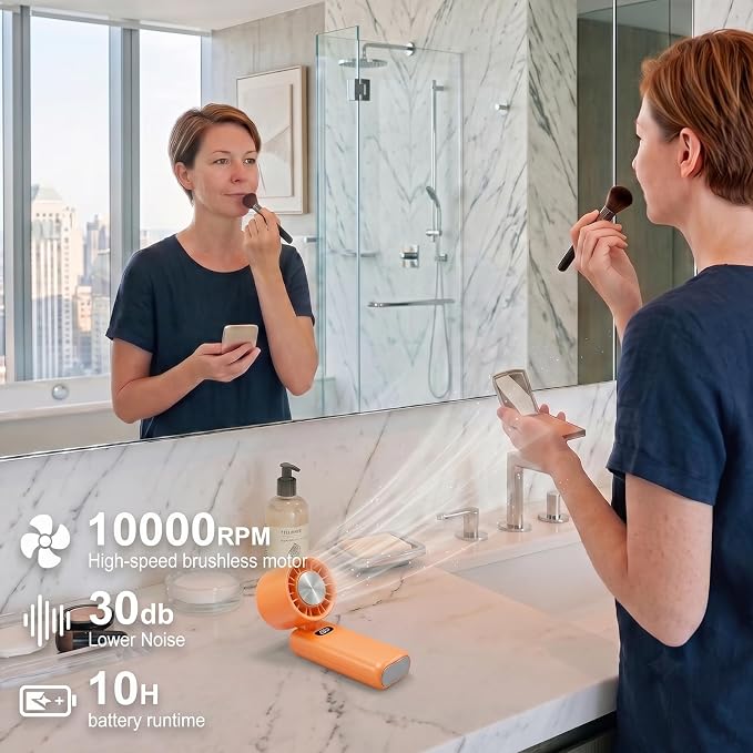 fygurso Personal Portable Clip-on Handheld Fan Rechargeable, Orange | Neck-Crossbody fit lanyard. Detachable clip. 10H battery. LED monitor. 5-Speed from 30dB low noise to 10000rpm blast. - Image 2