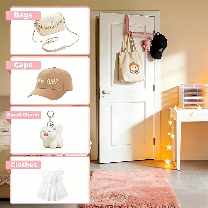 Pink Over the Door Hooks,Foldable Over the Door Hanger for Clothes | Heavy-duty for up to 1 3/4" thick door, with 10 slots for hanging clothes, perfect for laundry rooms and bedrooms to hang - Image 2