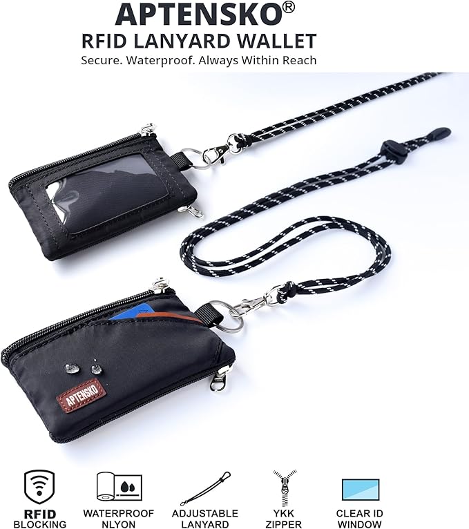 RFID Blocking Travel Wallet with Adjustable Lanyard, Small Nylon Zipper Pouch and Badge Holder for ID, Credit Cards, Cash, Keys, Commuters (Black) - Image 2