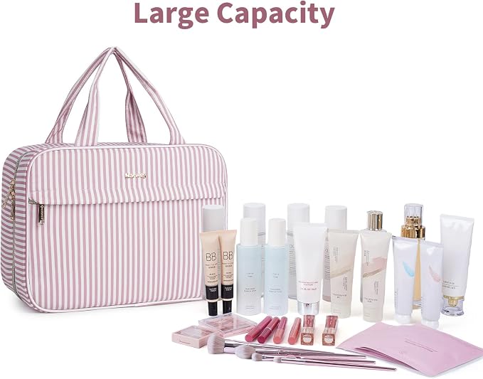 Narwey Striped Hanging Travel Toiletry Bag, Makeup Bag Organizer Make up Toiletries Bags for Full Size Essentials, Accessories, Brushes, Cosmetics (Dusty Pink Stripe, Large) - Image 6