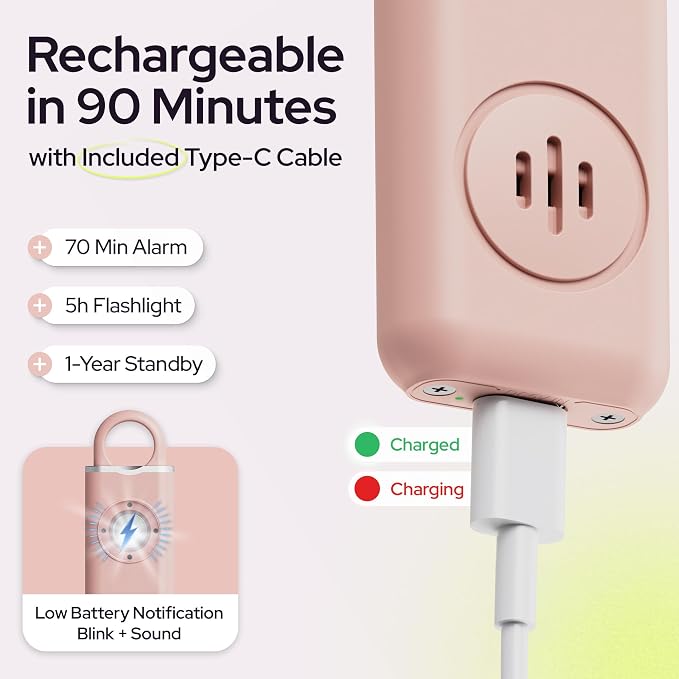 Rechargeable Personal Alarm Keychain for Women, 130dB, USB-C Charging, Pink | 130dB Loud Siren, LED Light, Carabiner Clip, Low Battery Alert, TSA Safe, Self Defense Whistle Alternative - Image 4