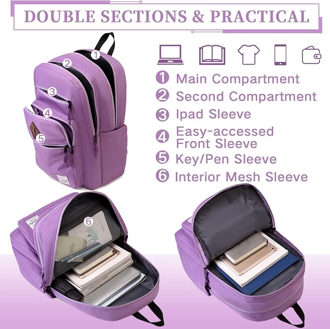 VASCHY School Backpack for Women, Unisex Large Bookbag Schoolbag Casual Daypack for High School/College/Teens/Travel/Work Purple - Image 5
