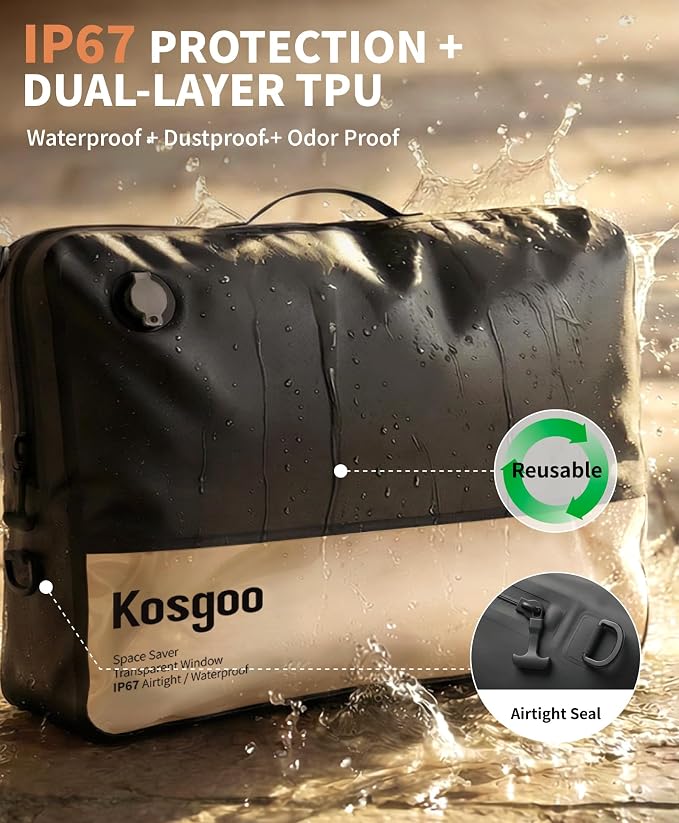 Vacuum Bags for Travel with Pump, Vacuum Compression Packing Bags for Travel Pack Vacuum Kit for Luggage Suitcase Carry On, IP67 Waterproof Odor & Tear-Proof Nylon (2 Pack with Pump, Black) - Image 4