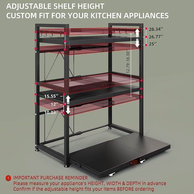 3 Tier Expandable Microwave Stand countertop,Microwave Oven Rack | Pull-Out Microwave Shelf, storage shelves for pans &appliances,Adjustable partition height，55 Lbs load Per Tier,Black - Image 7