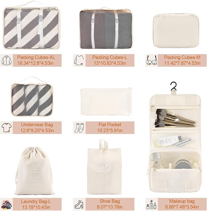 Packing Cubes for Travel, 8 Set Luggage Organizer Bags Travel Cubes for Packing Compression Luggage Cubes for Suitcase Carry on Travel Essentials with Laundry & Toiletry Bag(beige) - Image 2