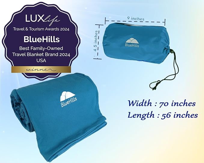BlueHills Premium Ultra Compact Travel Blanket Pillow Airplane Peacock Teal | 2 in 1 Travel Pillow/Blanket, 70 X 56 Long, Luggage Strap & Backpack Clip, Packable & Lightweight for Airplane, Portable Case - Image 5
