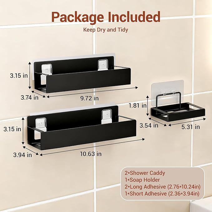 Wall-Mounted Bathroom Storage Shelf Organizer Rack for Toiletries Skincare | Shower Caddy 3 Pack Black Adhesive Shower Organizer Bathroom Shelf Organizer No-Drill Bathroom Organizers and Storage ﻿ - Image 2