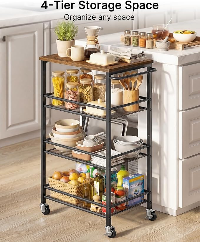 Pipishell Metal 4 Tier Laundry Storage Cart with Wheels, Handle & Wood Top | 10.83" Wide, Larger Storage Spaces, Rust-Resistant Steel, Ventilated Mesh, Anti-Fall Crossbars, 44 lbs Weight Capacity - Image 7